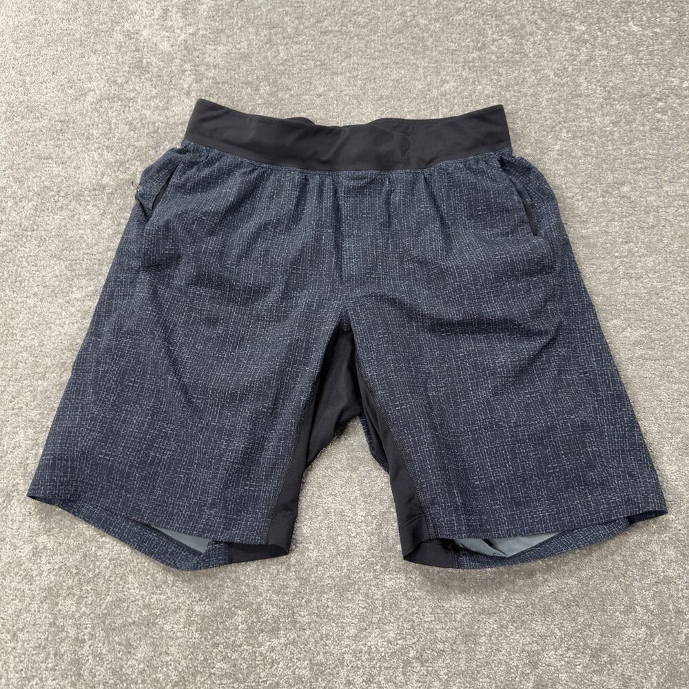 Lululemon Mens M THE Short Lined Training Running Short Black Pattern Zip Pocket